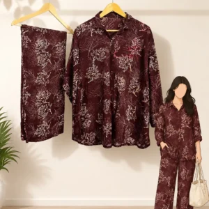 2 Piece Co-Ord Set – Maroon Tree-Branch Patterned Print Set