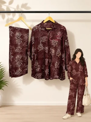 2 Piece Co-Ord Set – Maroon Tree-Branch Patterned Print Set