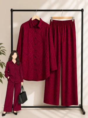 2 Piece Co-Ord Set – Maroon Fine-Pattern Printed Set